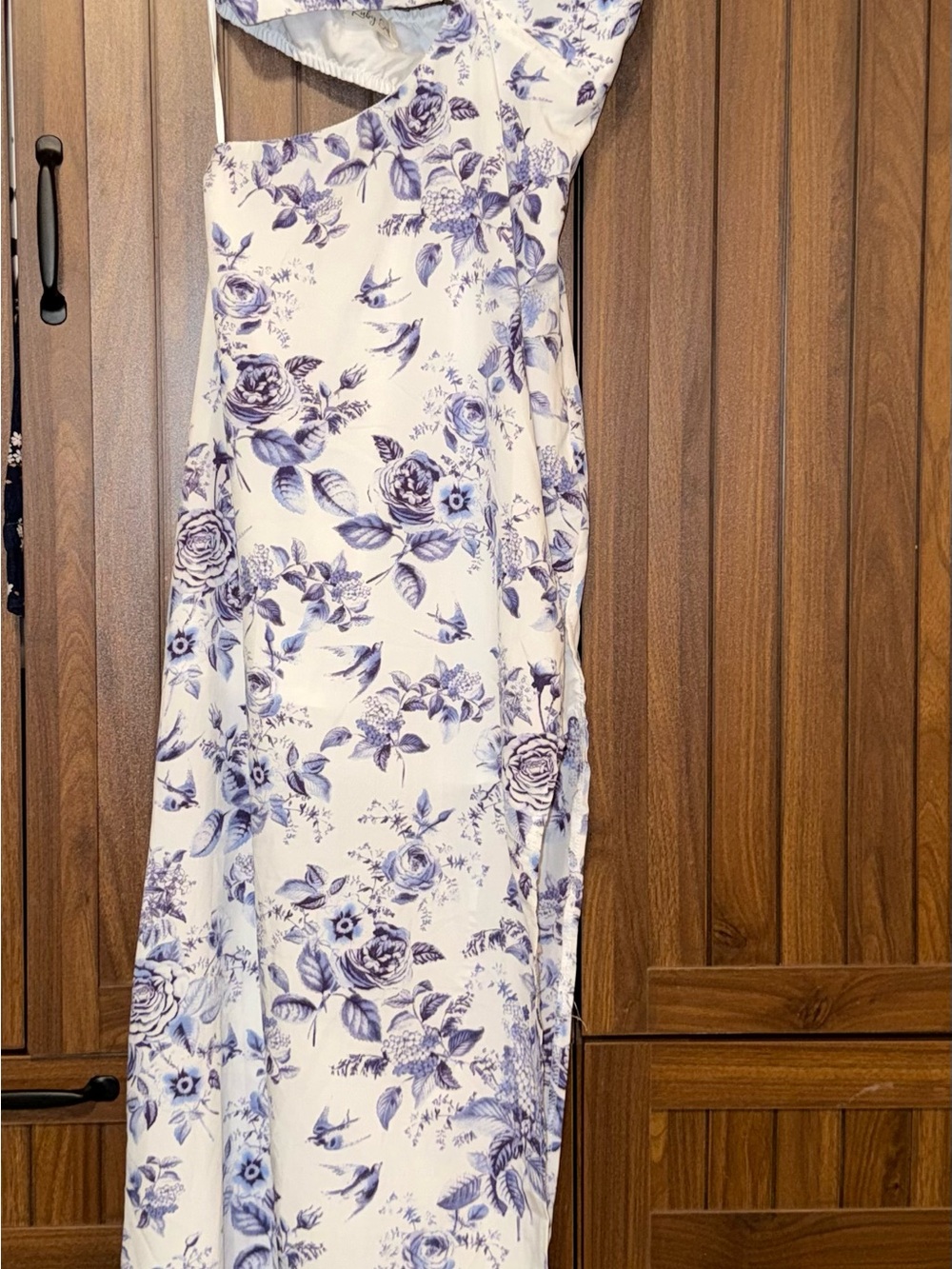 One-Shoulder White Maxi Dress with Blue Floral Print